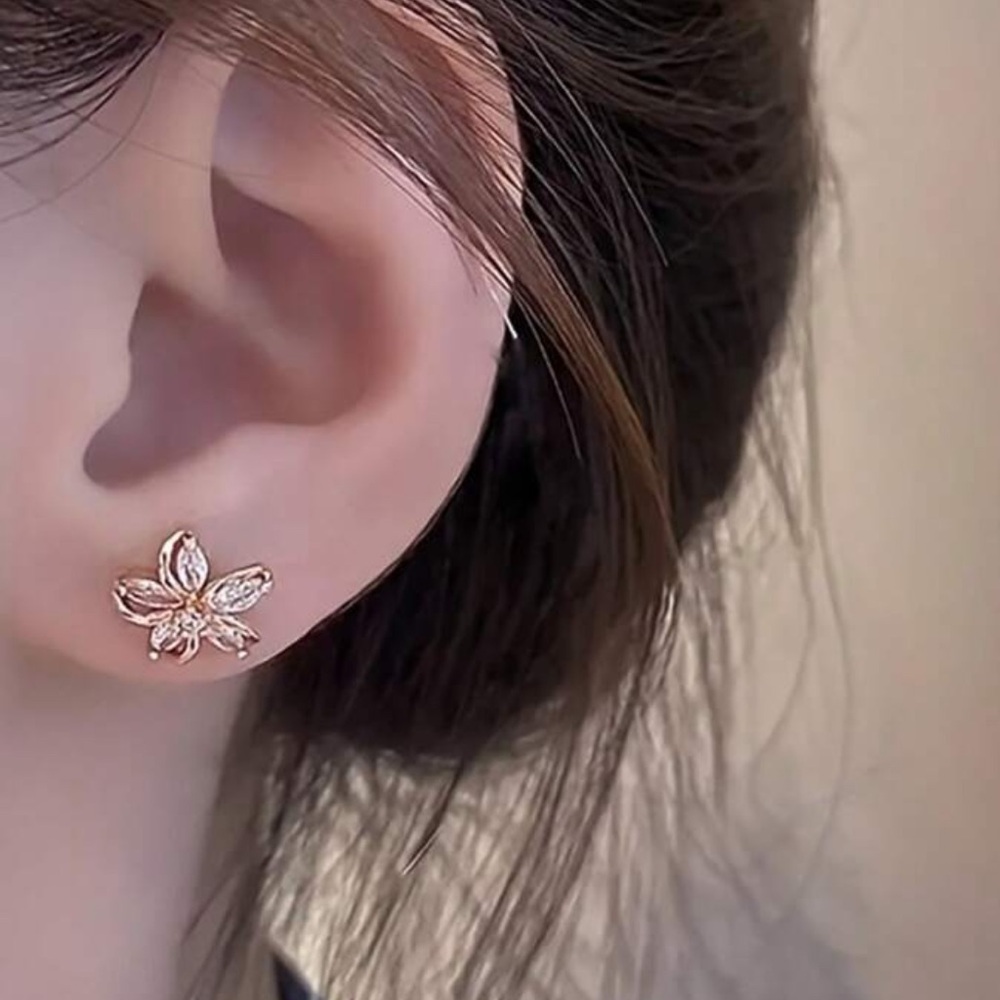Gold &CZ  Flower Stud Earrings